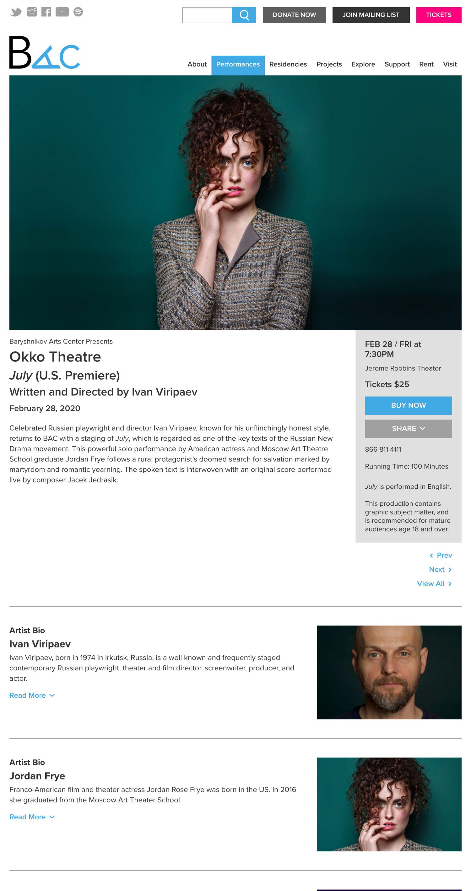 Screenshot of a Baryshnikov Arts Center website's performance page