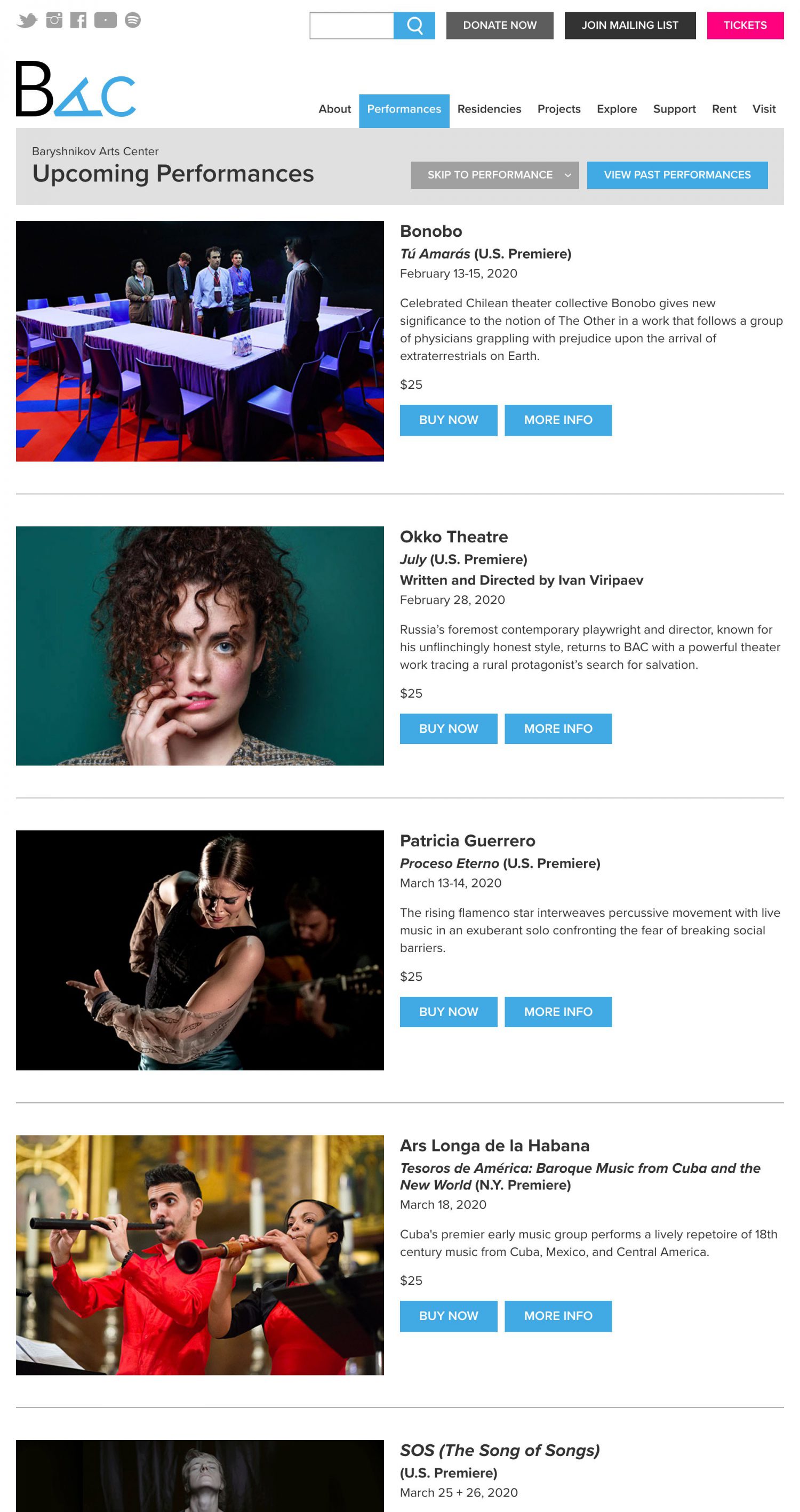 Screenshot of the Baryshnikov Arts Center website's upcoming performances page