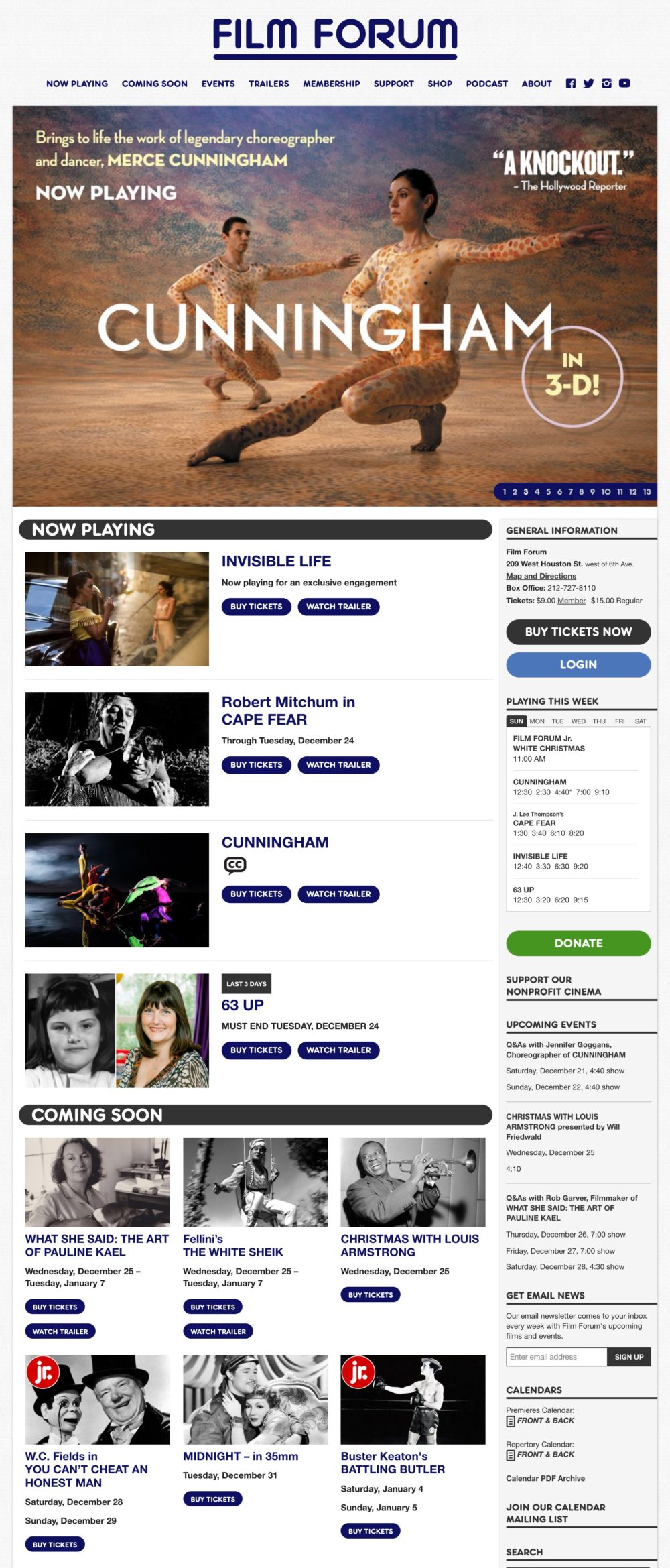 Screenshot of the Film Forum website's homepage