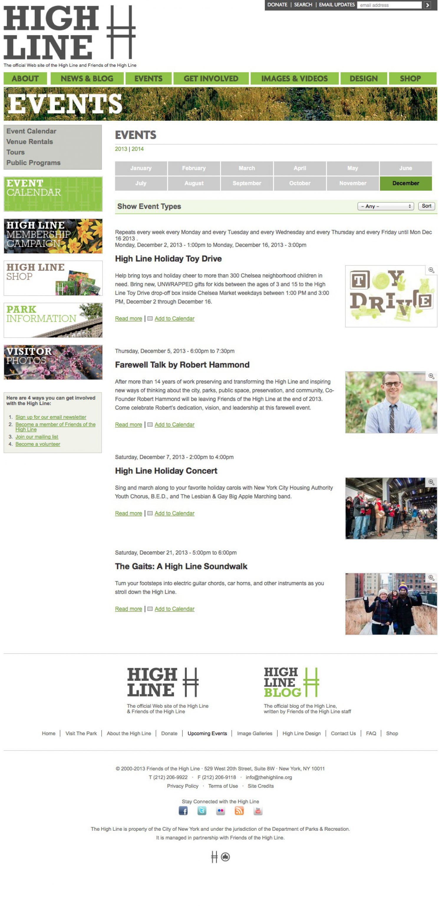 Screenshot of the High Line website's events page