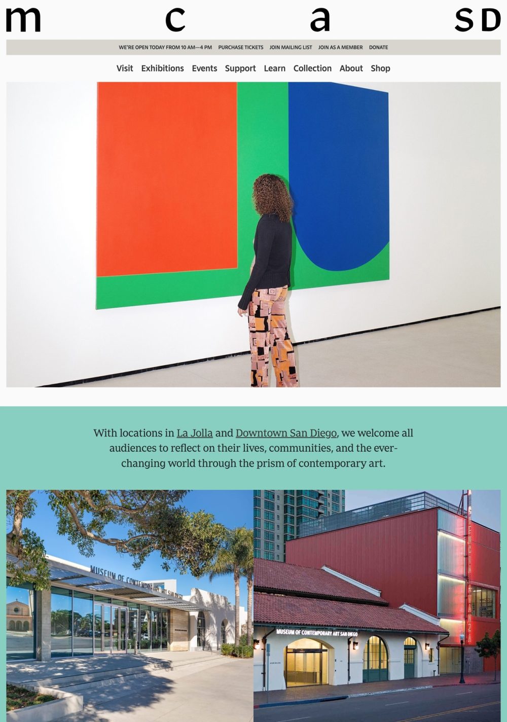 Screenshot of the Museum of Contemporary Art San Diego website's homepage