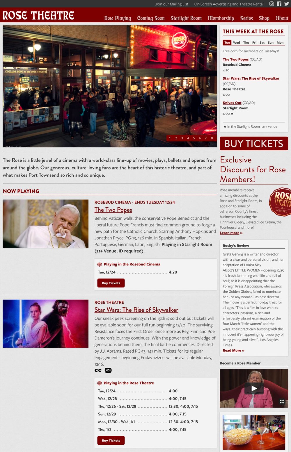 Screenshot of the Rose Theatre website's homepage