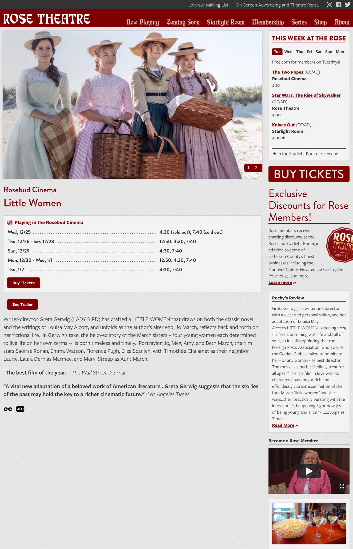 Screenshot of the Rose Theatre website's film detail page