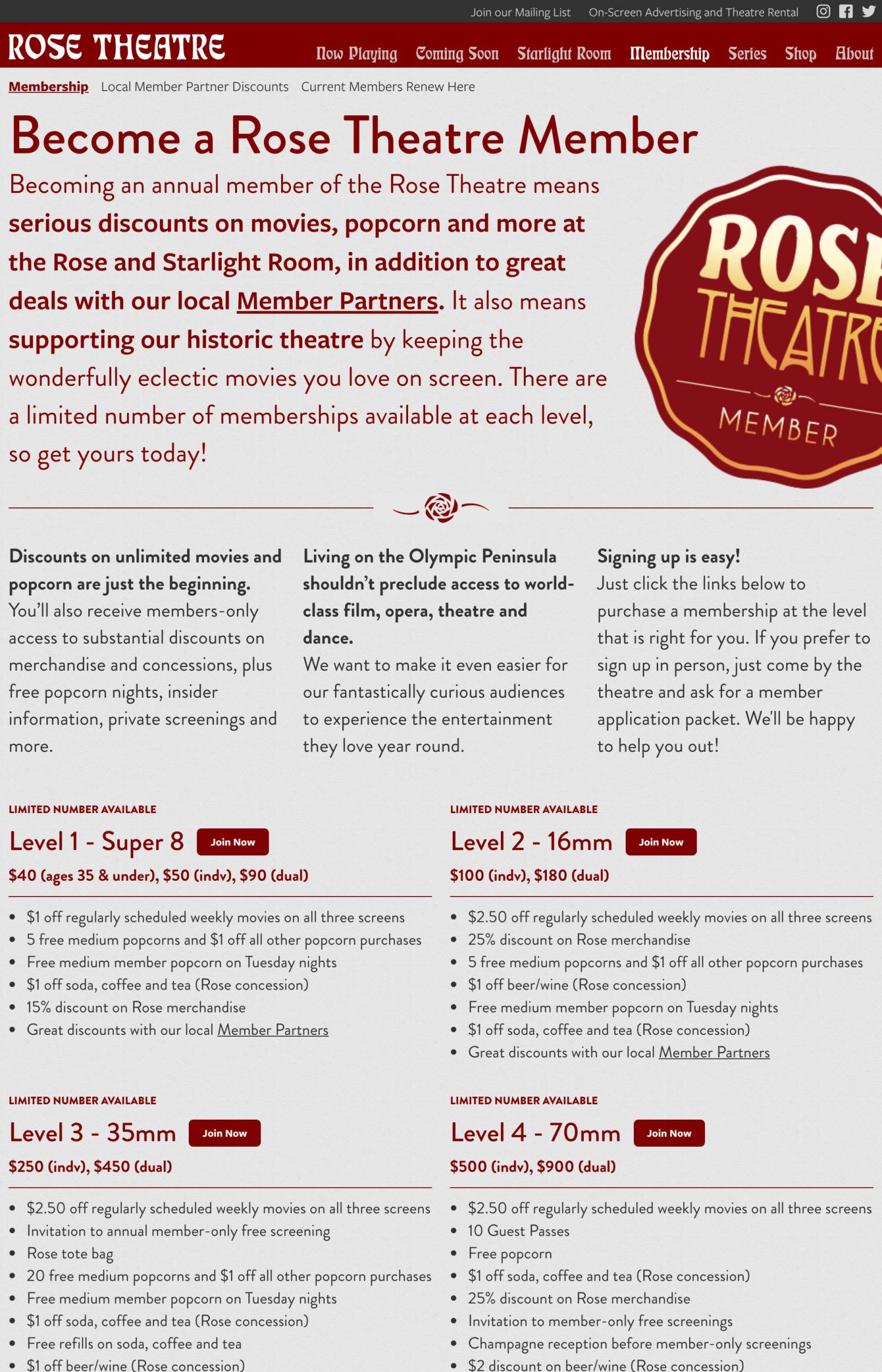Screenshot of the Rose Theatre website's Membership landing page