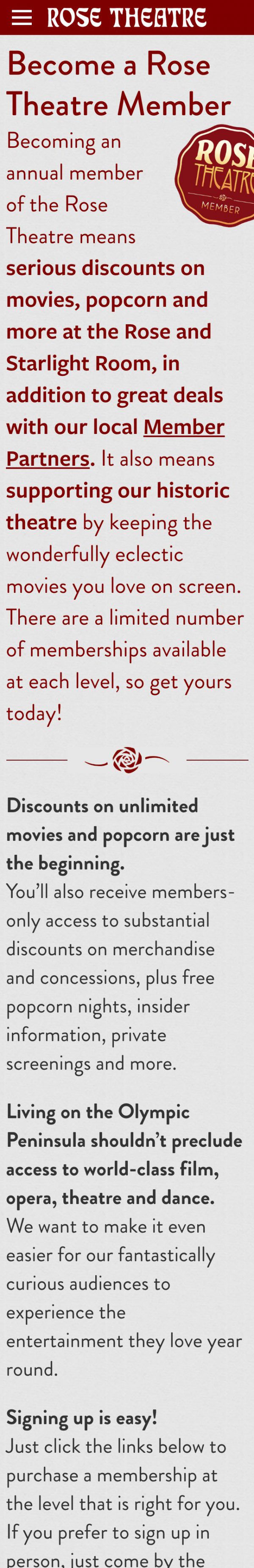 Screenshot of the Rose Theatre mobile website's Membership landing page