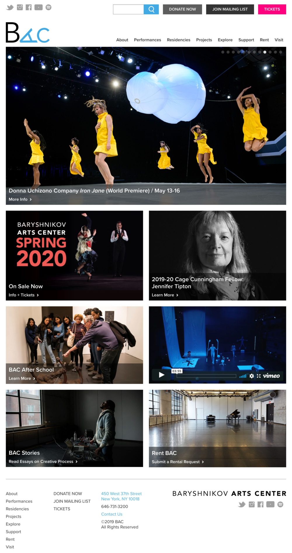 Screenshot of the Baryshnikov Arts Center website's homepage