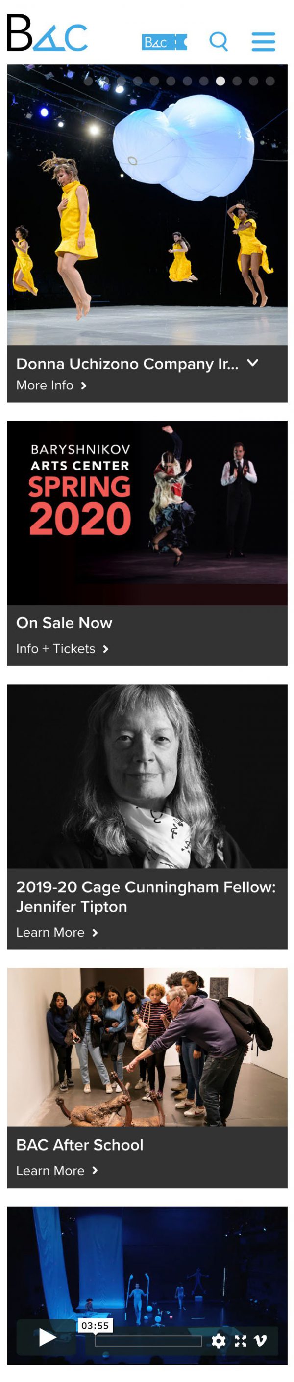 Screenshot of the Baryshnikov Arts Center website's homepage