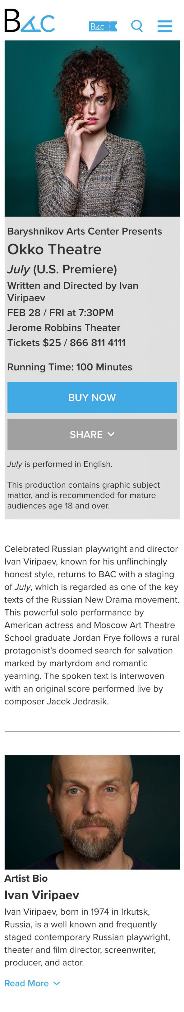 Screenshot of a Baryshnikov Arts Center website's performance page