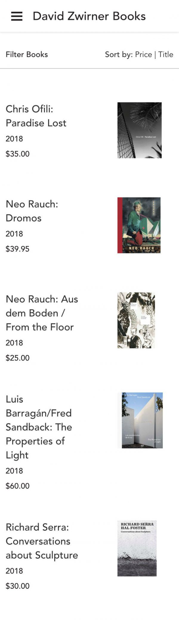 Screenshot of the David Zwirner Books website's books landing page