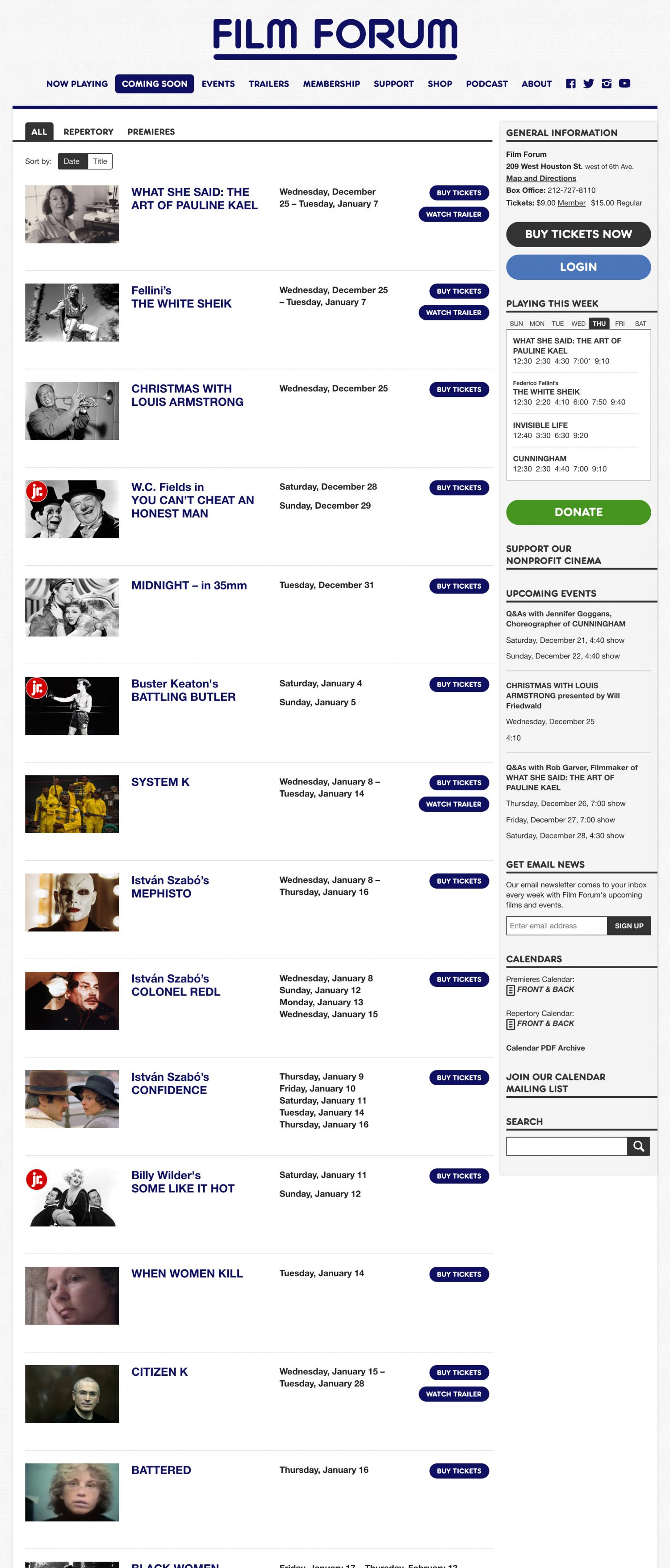 Screenshot of the Film Forum website's Coming Soon page