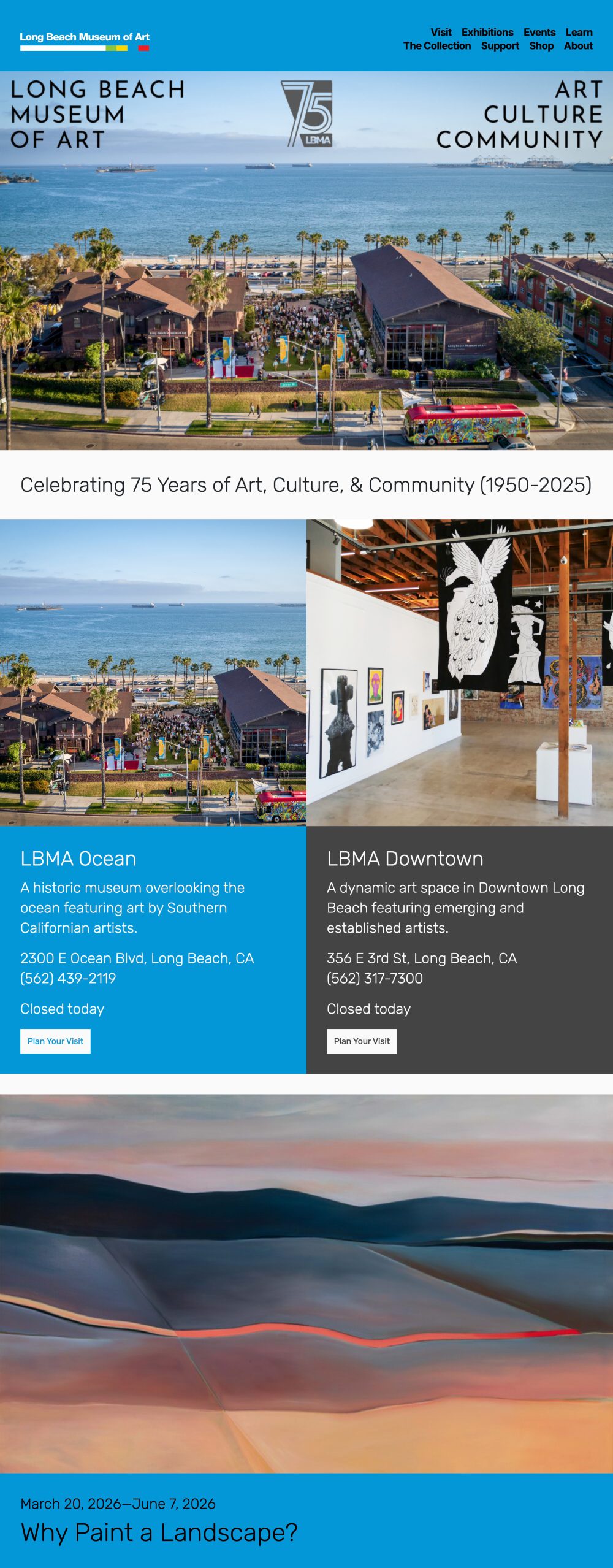 Long Beach Museum of art homepage (desktop view)