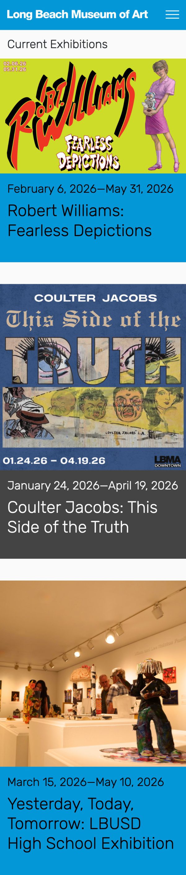 Long Beach Museum of art exhibition landing page (mobile view)