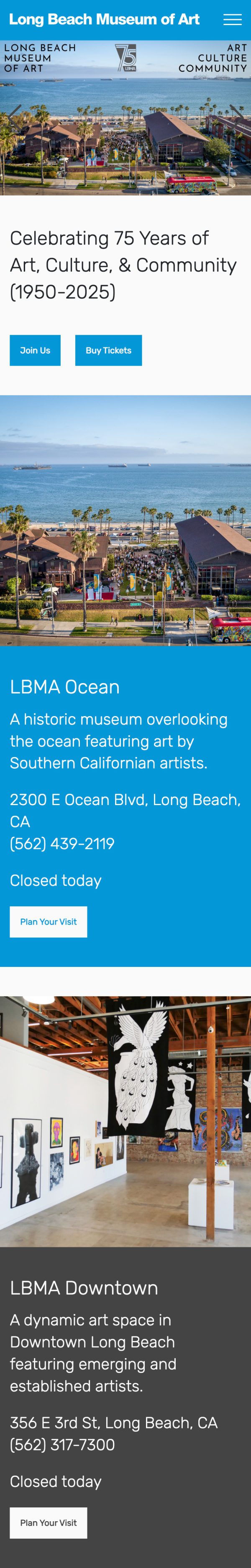 Long Beach Museum of art homepage (mobile view)