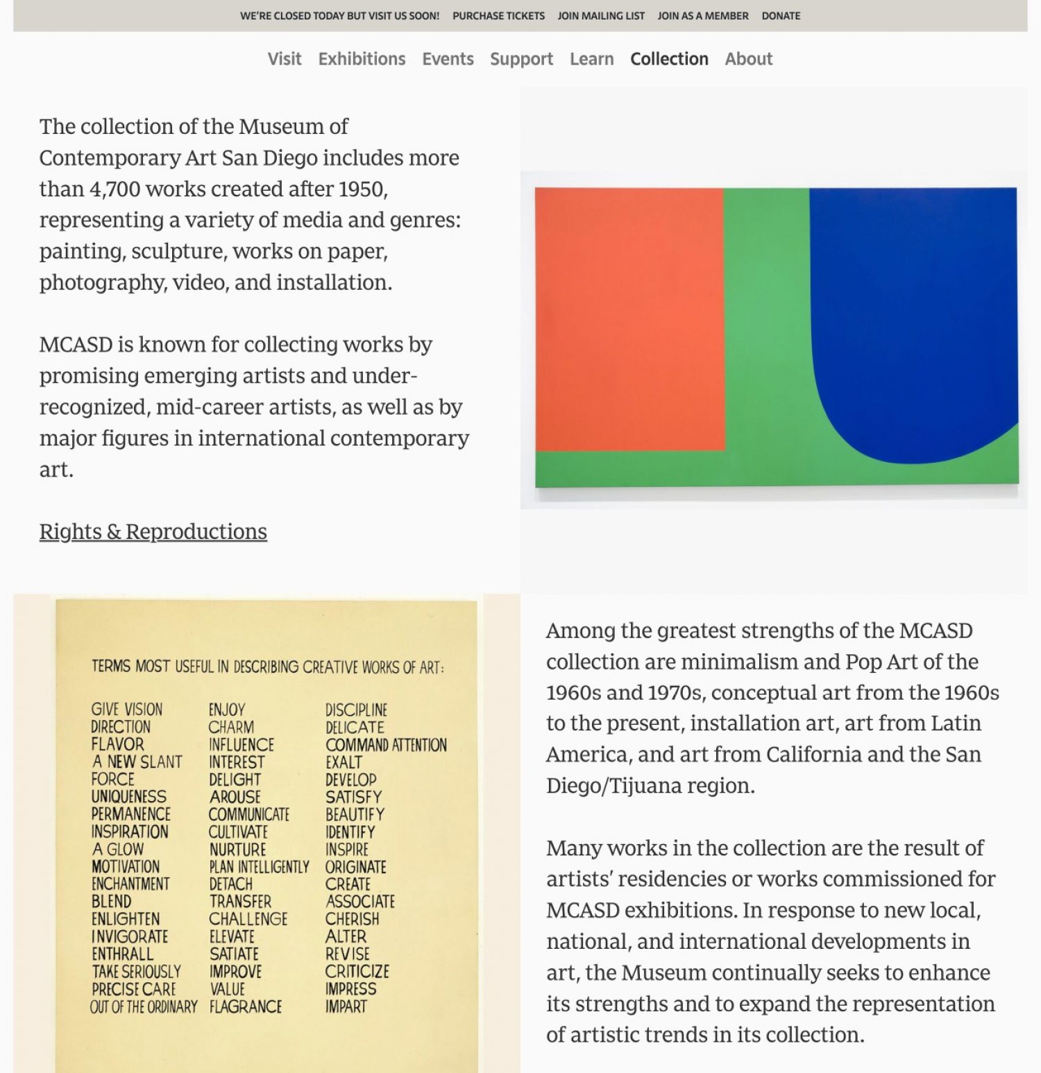 Screenshot of a Museum of Contemporary Art San Diego website collection page