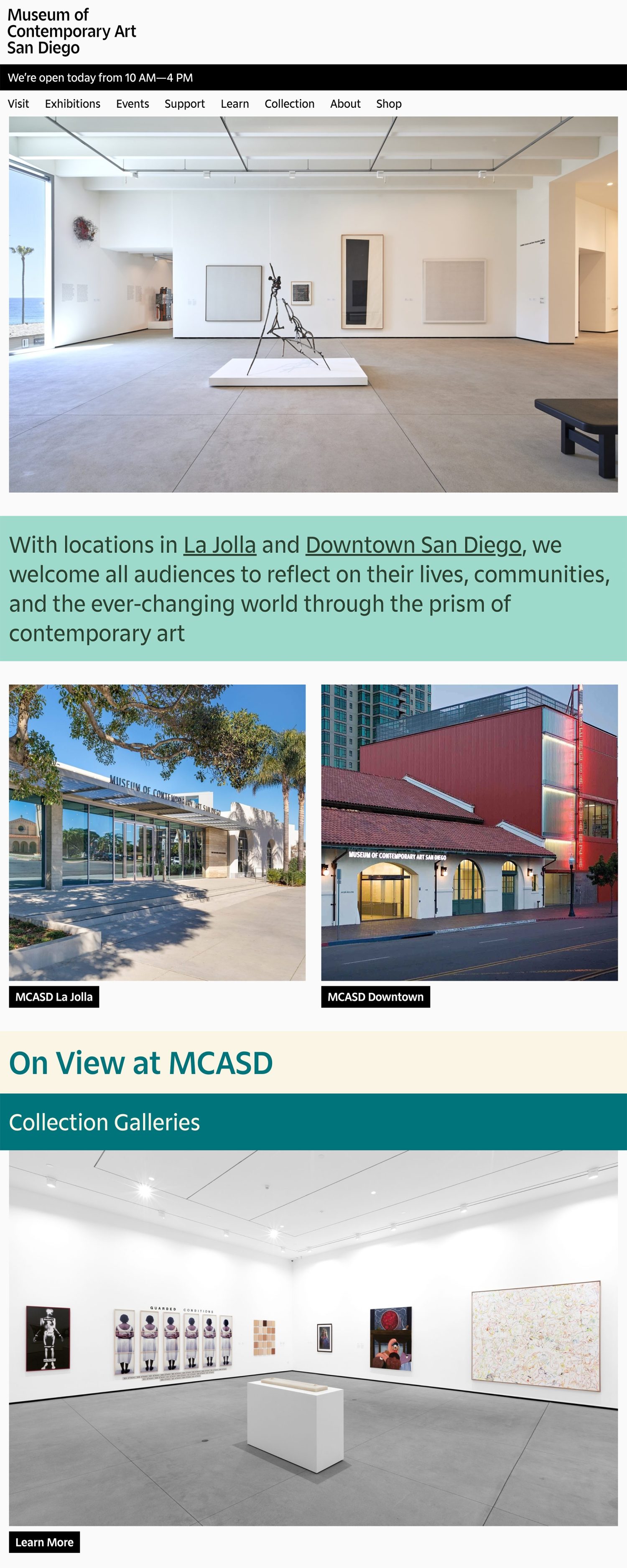 Screenshot of a Museum of Contemporary Art San Diego website homepage