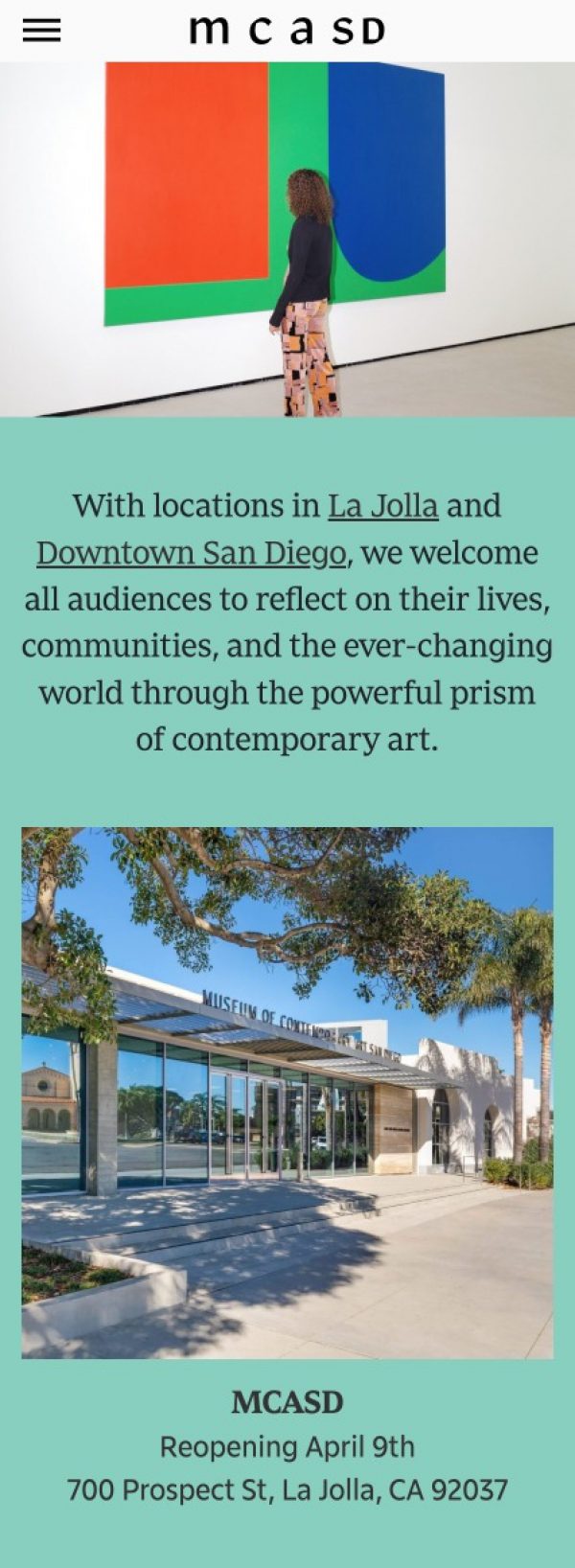 Screenshot of the Museum of Contemporary Art San Diego website's homepage
