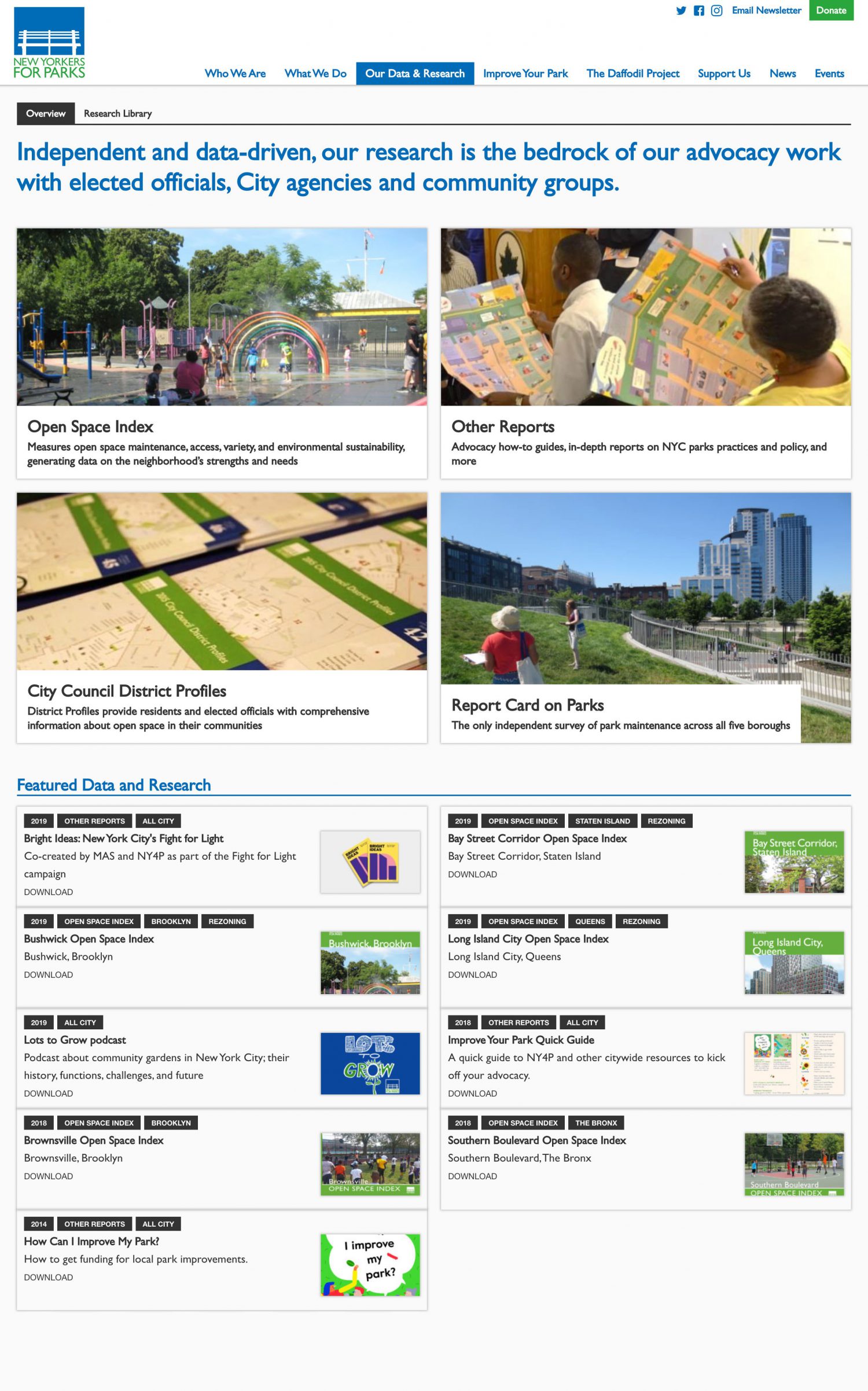 Screenshot of the New Yorkers for Parks website's Data and Research page