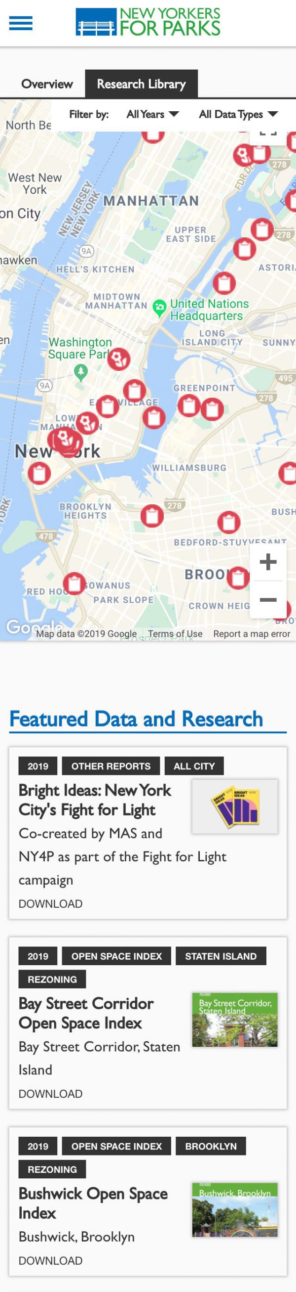 Screenshot of the New Yorkers for Parks website's Data and Research Library page